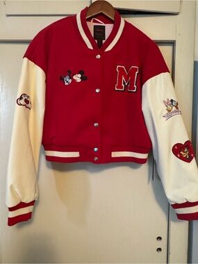 Disney Red and Cream Cropped Varsity Jacket with Character Patches